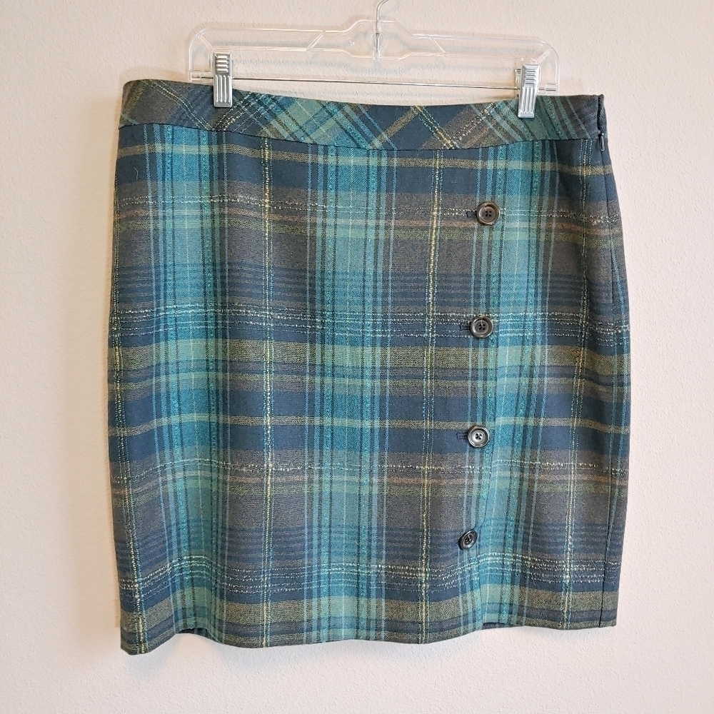 J. Jill Green & Blue Plaid Recycled Wool Blend Academia Preppy Mini Skirt Sz 16
